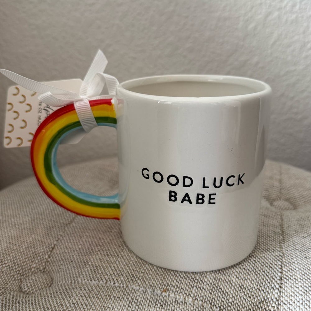 Good Luck Babe White Mug with Colorful Rainbow Handle 20 oz